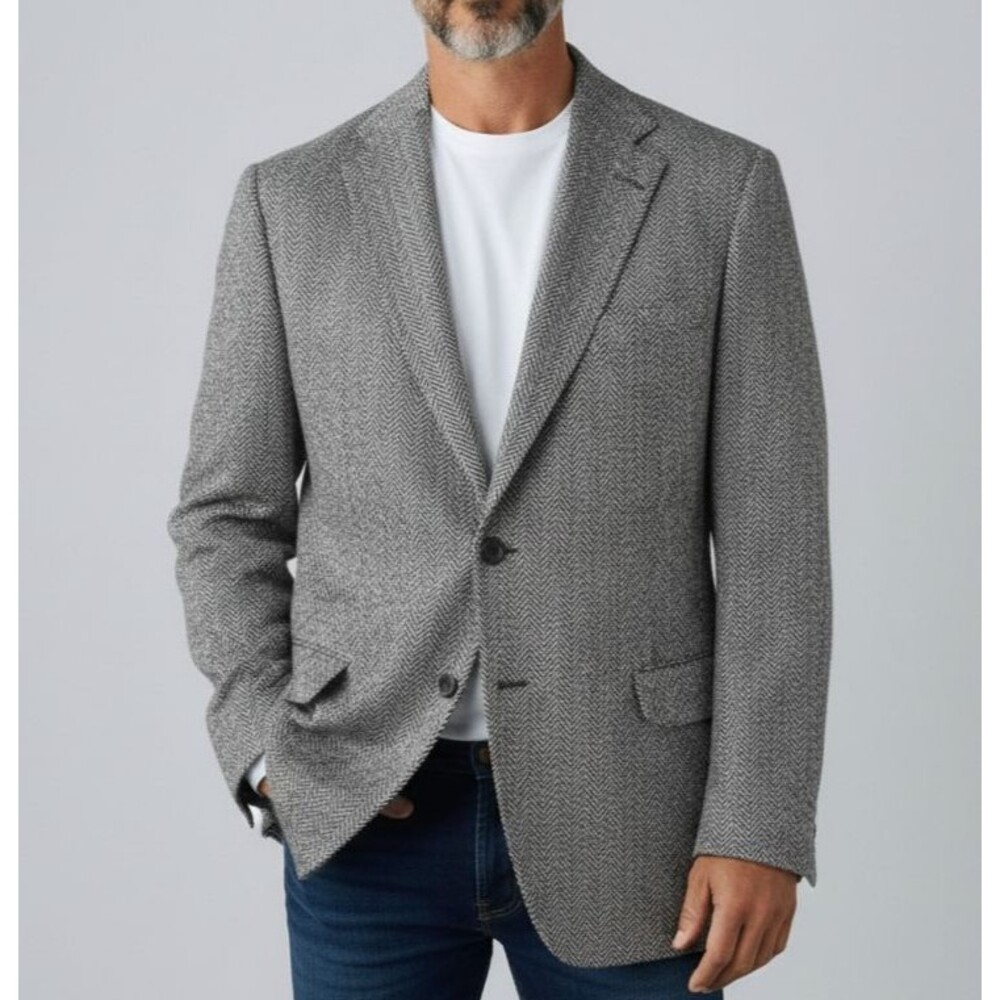 TWEED WOOL Vintage Mens Blazer Sport Coat 44L Two Button Jacket Gray Herringbone
